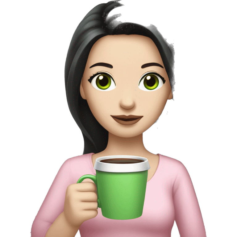 pretty woman with pale skin, very long black hair and green eyes and light pink outfit holding a pink coffee cup emoji