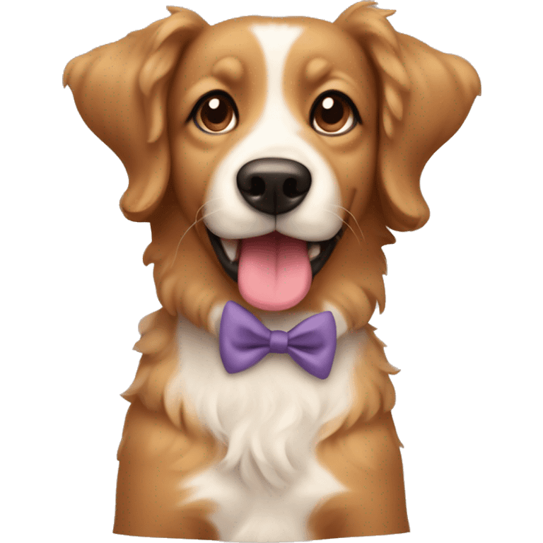 Light Brown dog with curly hair with protruding tongue sitting with a bow on its head emoji