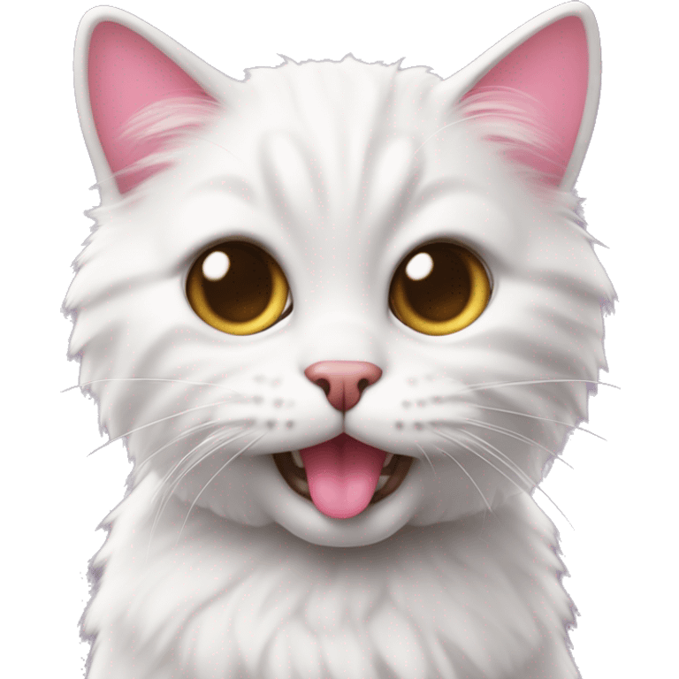 A close-up image of a cute and fluffy cat with big eyes and a pink tongue sticking out, looking directly at the camera with a playful expression. emoji