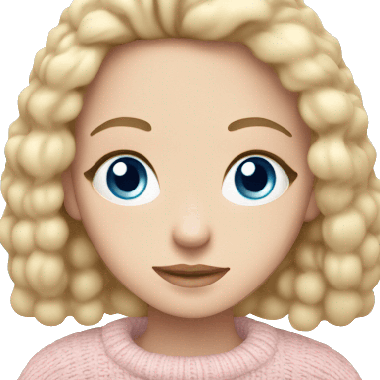 Pretty blue eyed white girl with light pink sweater reading cozy emoji