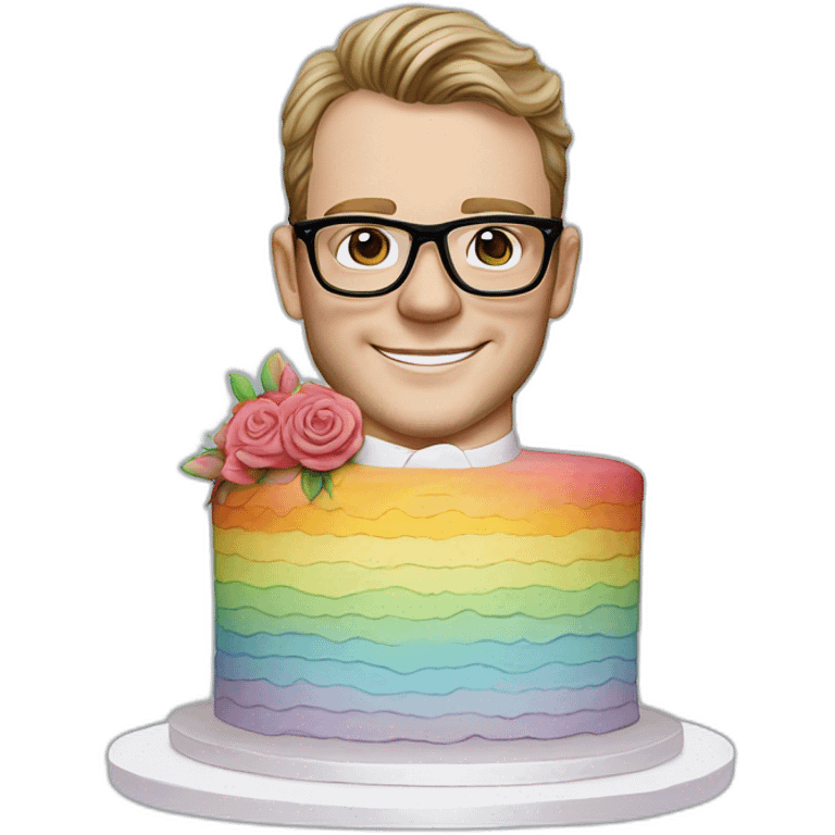 Jonathan Toews wearing glasses as a triple decker rainbow wedding cake with pastel roses emoji