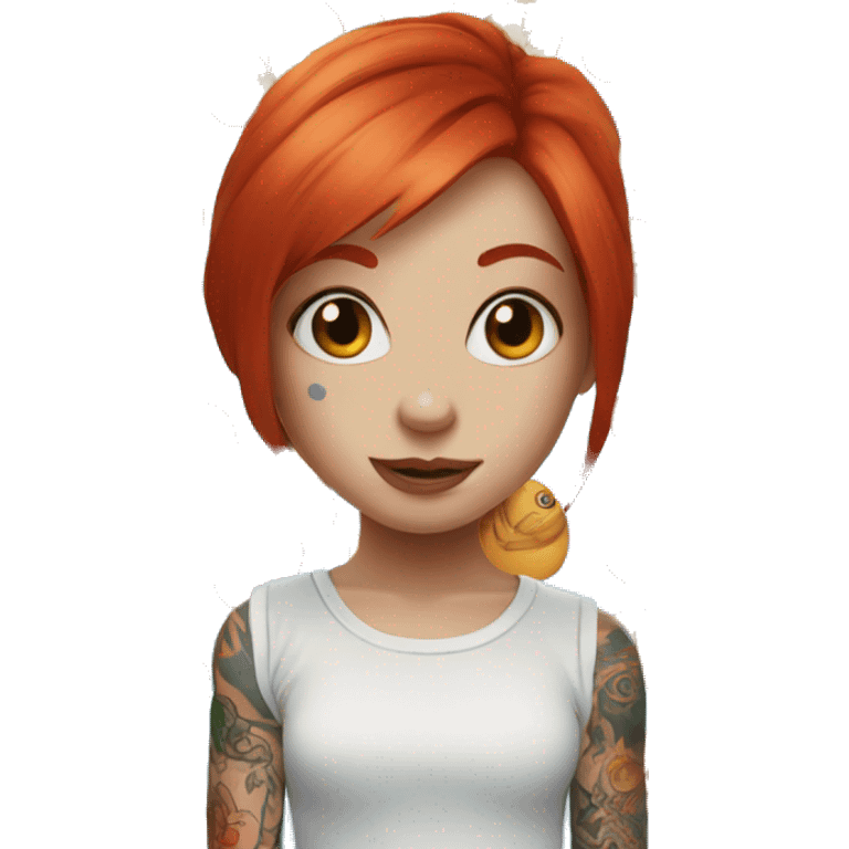 Girl with red hair, nose loop piercing, blue eyes and tattoos with a bunch of eggs emoji