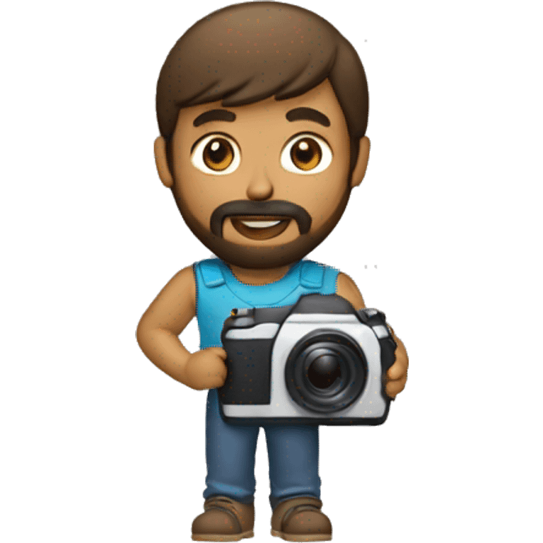 brown guy with mullet and beard holding a photo camera emoji