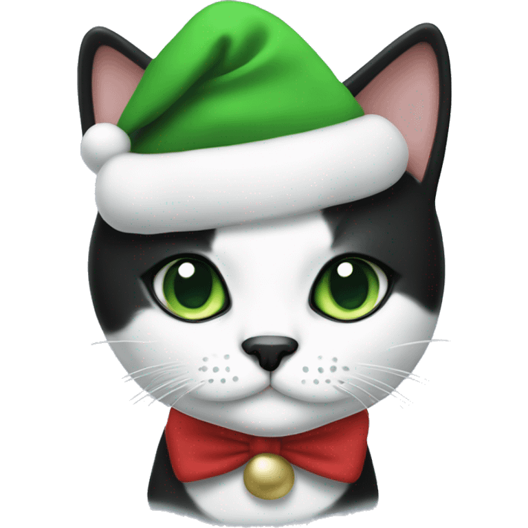 Tuxedo cat with green eyes with black spot under the nose and christmas hat on  emoji