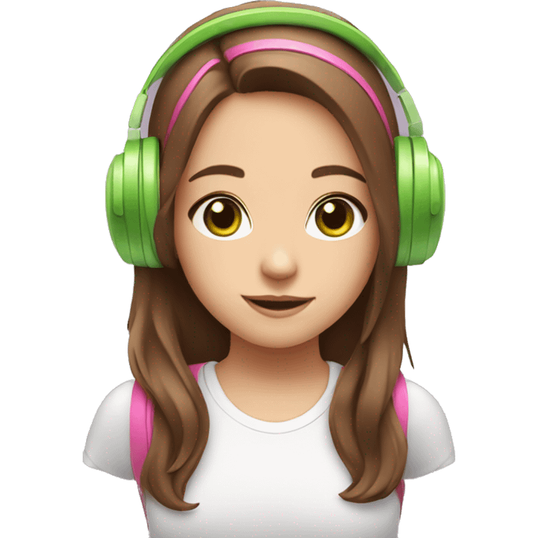 cute girl with brown hair and pink headphones with ears and green eyes emoji