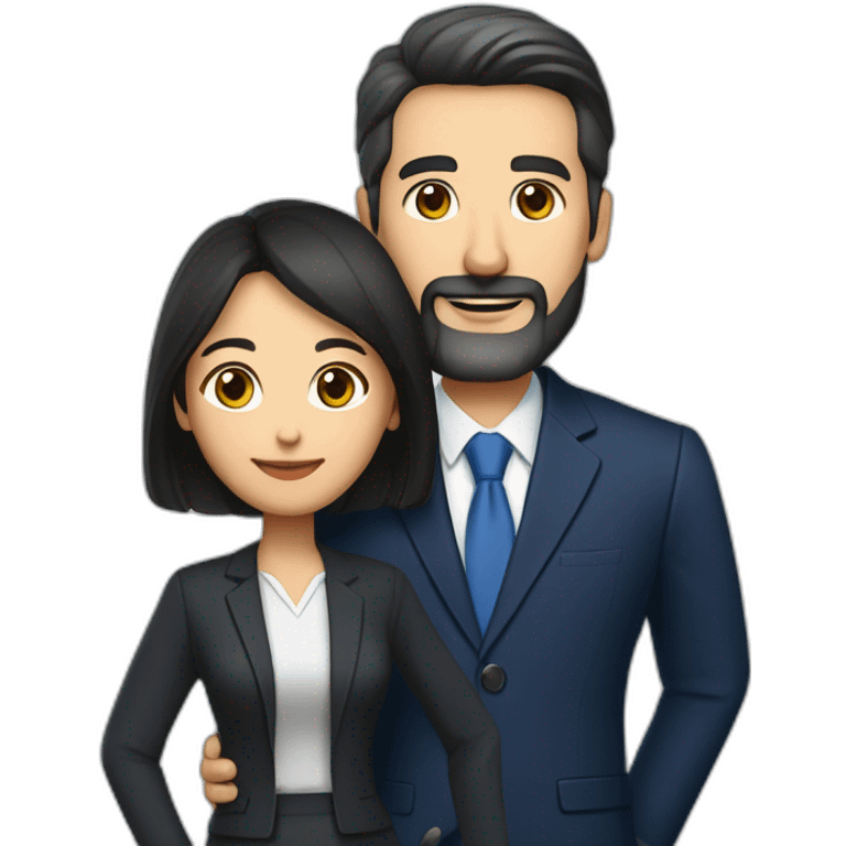 husband middle aged executive classic dark hair thin beard wearing dark blue business suit and bible, with wife filipina age 55 dark hair emoji