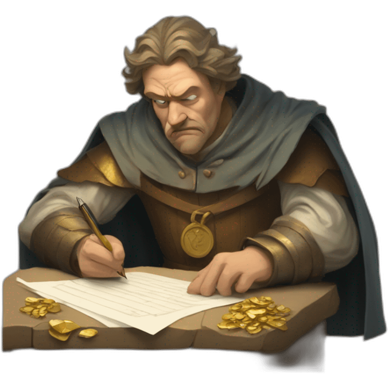 middle ages taxman, angry, writing on a paper, pile of gold emoji