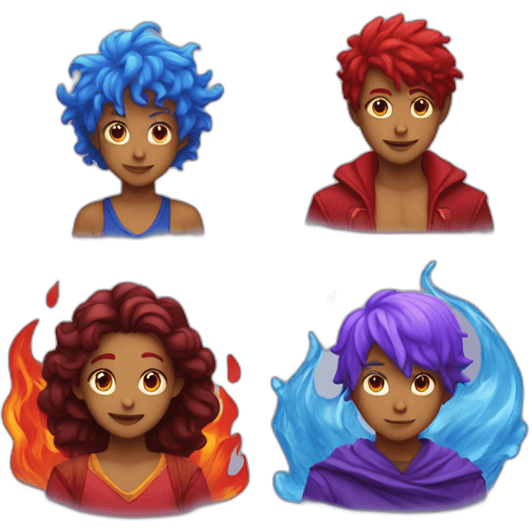 Blue water boy and red fire lady and purple child emoji