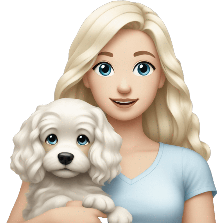 pale blonde girl with long platinum white wavy hair with blue eyes and wearing a light pink shirt holding a black and white haired puppy emoji