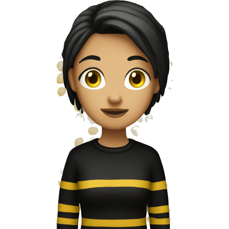 person standing emote, but it is a woman, with yellow skin, striped black hair, a black sweater emoji