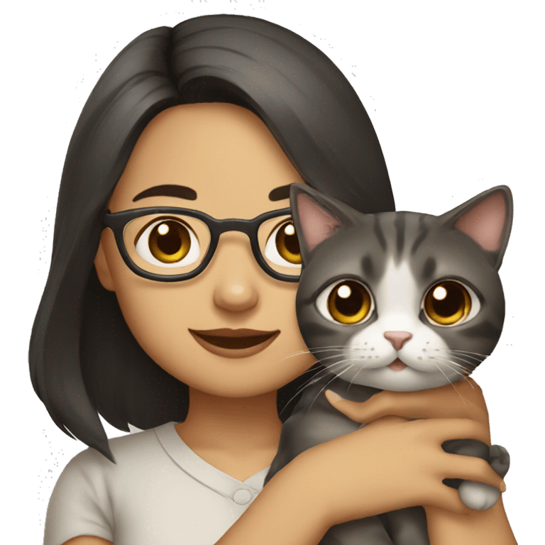 Southeast asian girl wearing glasses and shoulder length hair holding a cat emoji