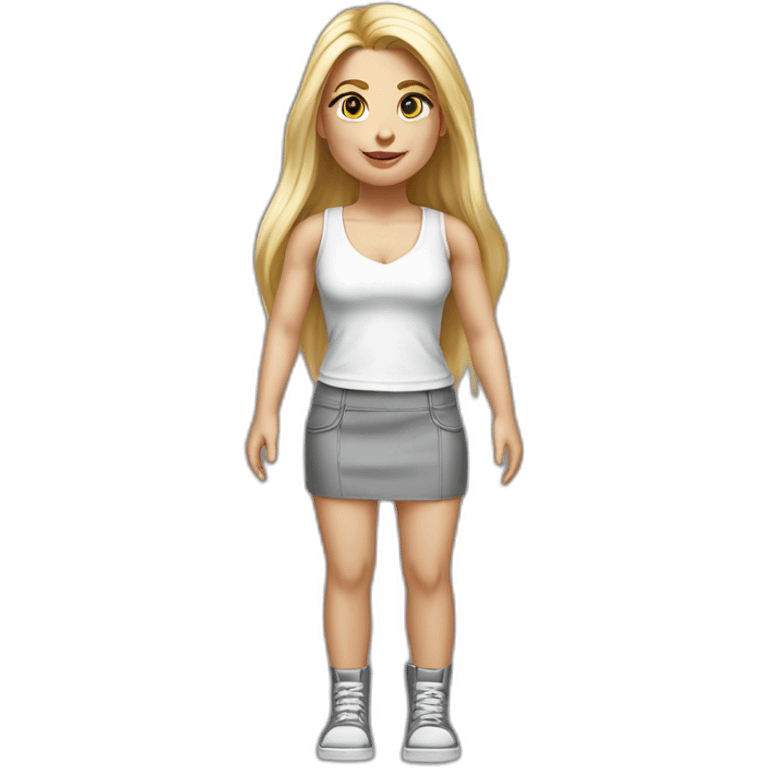 hyperrealistic caucasian blonde, long straight hair, white deep v-neck crop tanktop, gray tight mini skirt, walking body view emoji