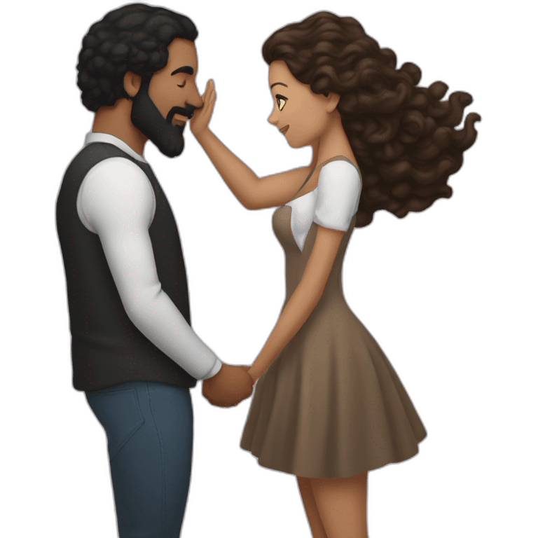 Brown man with a smooth black hair and a black beard kissing a white woman with long brown curly hair emoji