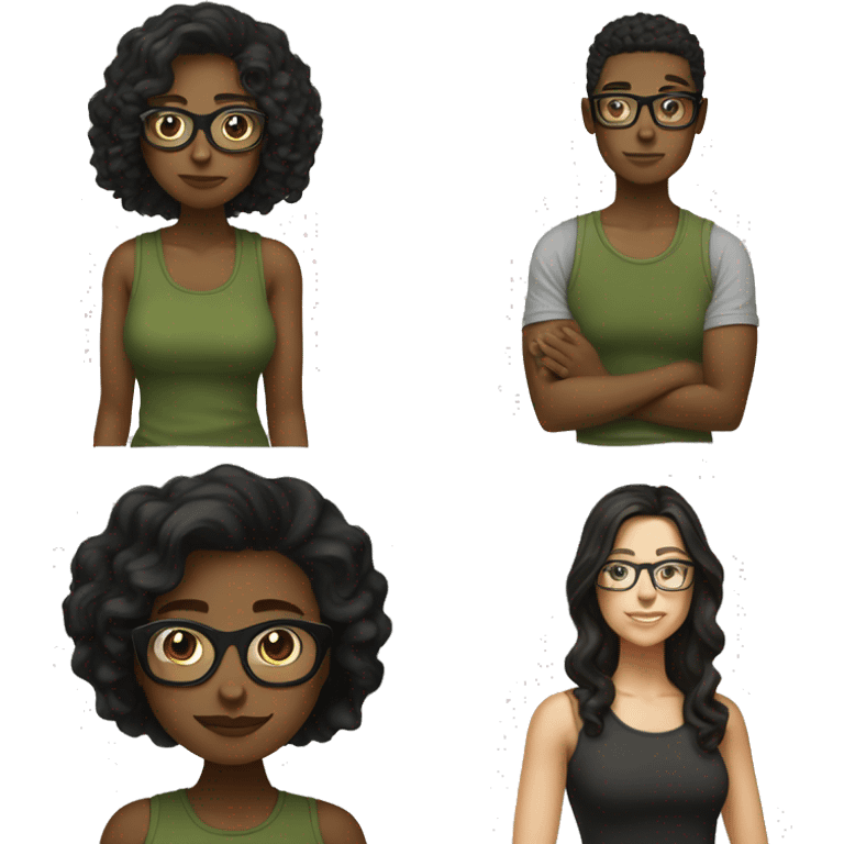 white skined woman with wavy black hair with a olive green tank top with glasses tortoise  emoji