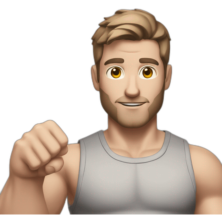 Close up Actively gesturing  with hands Pale skinned Fit Man With the biceps and brown hair in dark gray Sleeveless Mike, black oversize sports shorts, watch and white Sneakers emoji