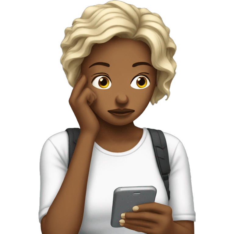 women scrolling on her phone being sad emoji