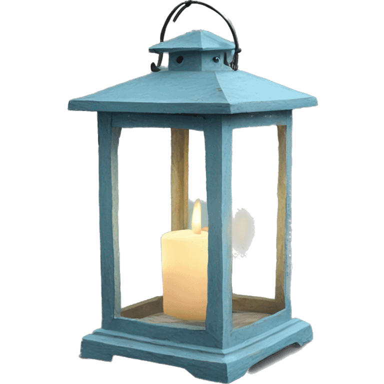 Realistic Single HD light blue rustic lantern with glass and lit candle inside. emoji