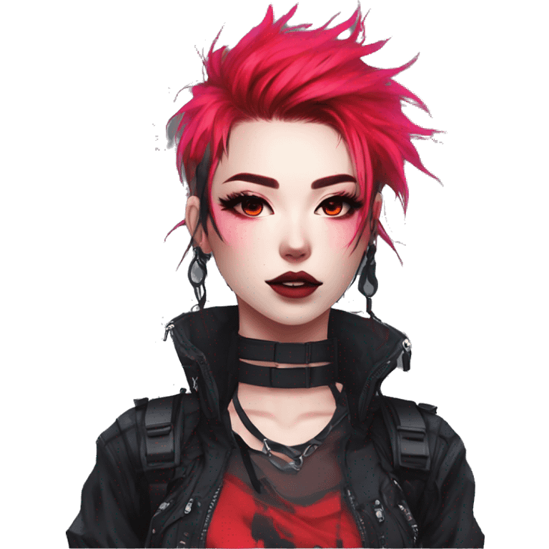 Gorgeous bright colorful neon gothic techwear anime style lady with blushing face aesthetic and pretty edgy black red punk messy hair with collar and harness trending style emoji