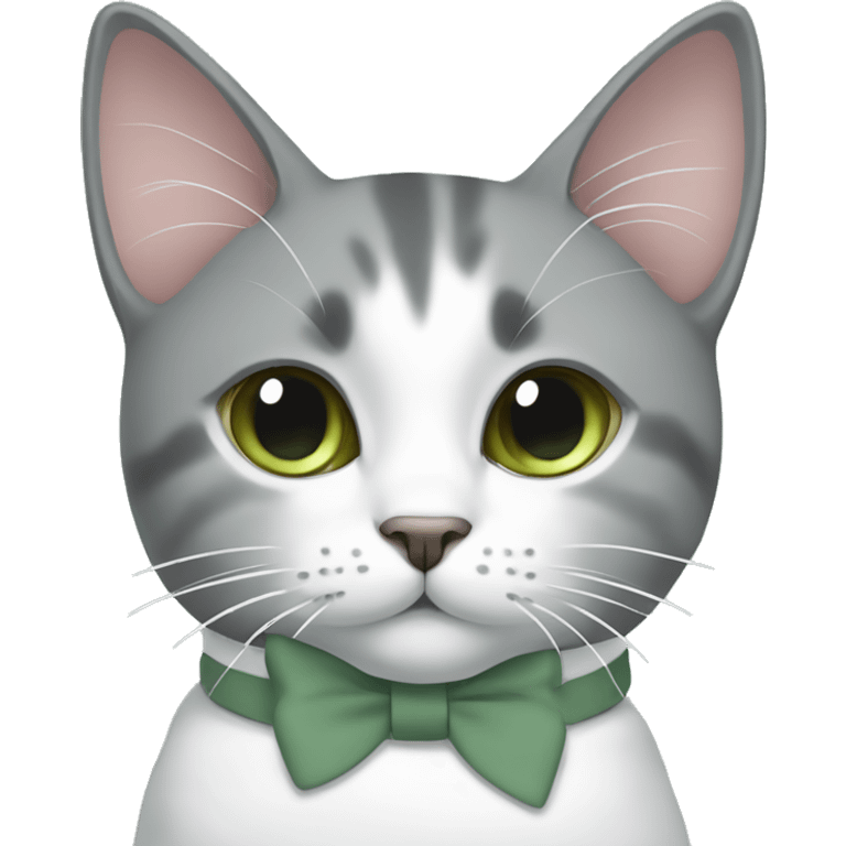 Grey and white cat with sage green bow at neck emoji