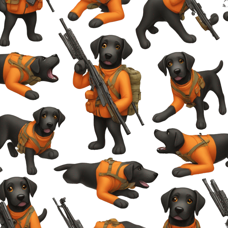 Black lab in orange hunting gear holding rifle emoji