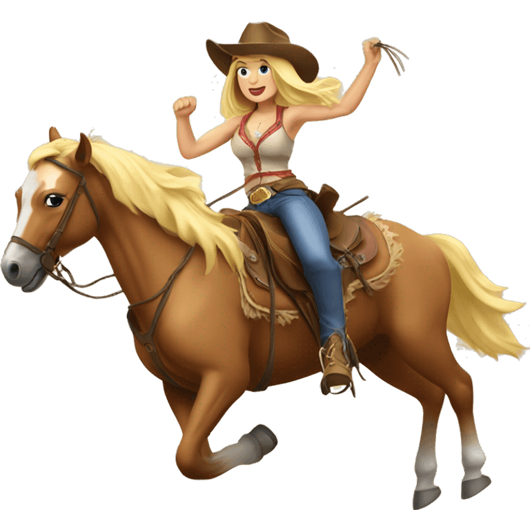 hot blond cowgirl riding a horse while throwing the lasso emoji