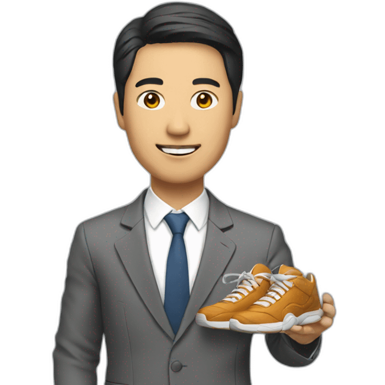 asian man in a suit holding a sneaker emoji