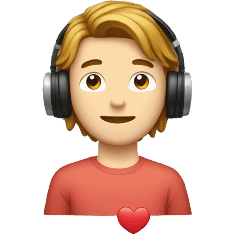 white 20yo guy, wearing a headphone, having a brown curtain mullet hair, smiling with closed eyes and holding a heart emoji