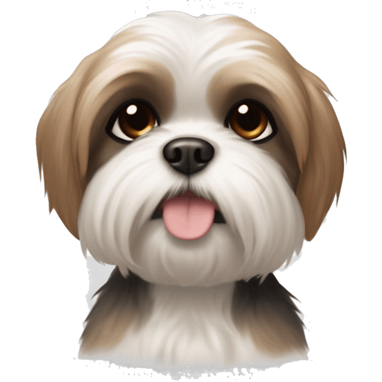 A white shih tzu with black eyes very light brown hair around the eyes brown ears which fade to black at the bottom in a University of Texas Shirt on and make it Pixar style emoji