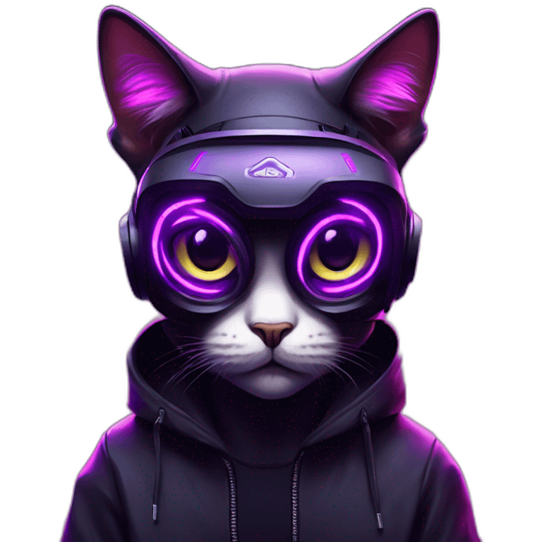 Russian cat wearing a black hoodie with "OMG" letters on it and VR headset in a cyberpunk VR environment with violet neon lighting. emoji