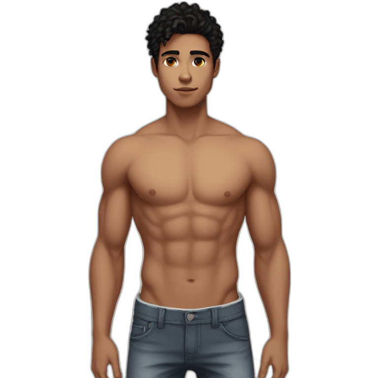 Guy, 20 y.o., black hair, amber eyes, white skin, full body with legs, without shirt, fit, abs, emoji