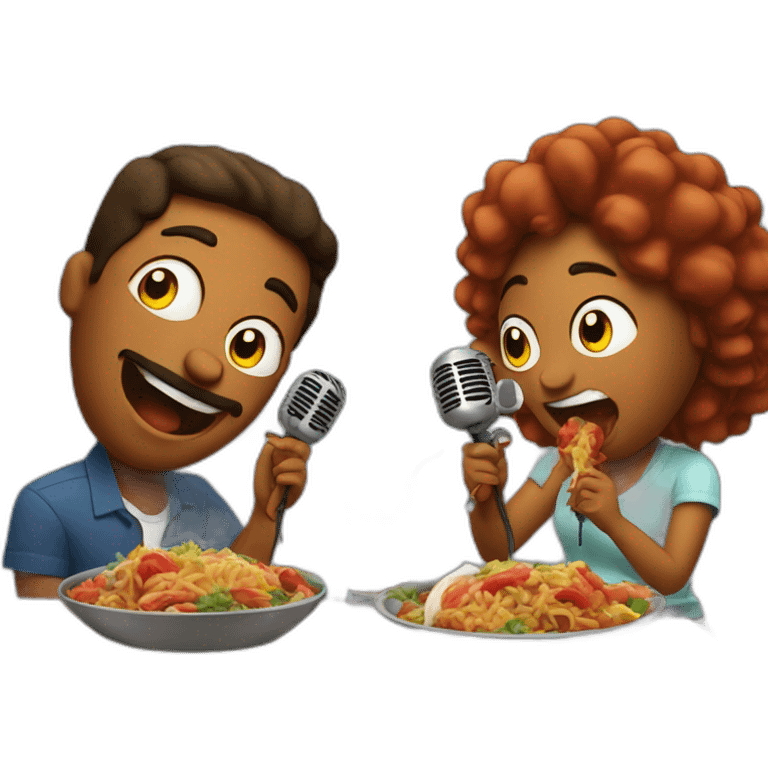 Two people singing into mics while eating a Cajun dinner emoji