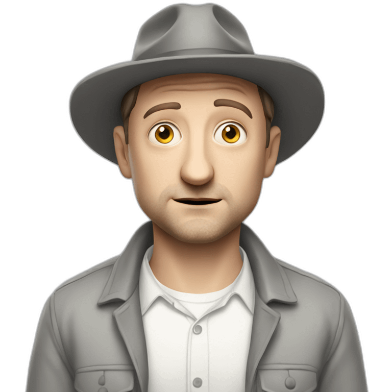 tim robinson wearing a grey fedora white shirt only looking scared and sad facing left emoji