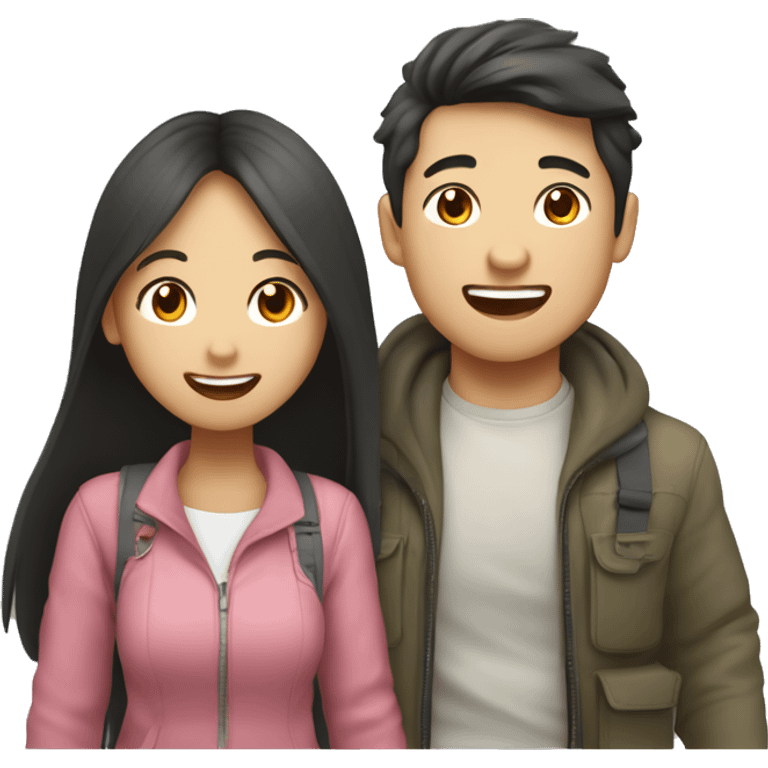 Cute Asian couple (girl with wavy long hair guy with short straight hair) excitedly traveling  emoji