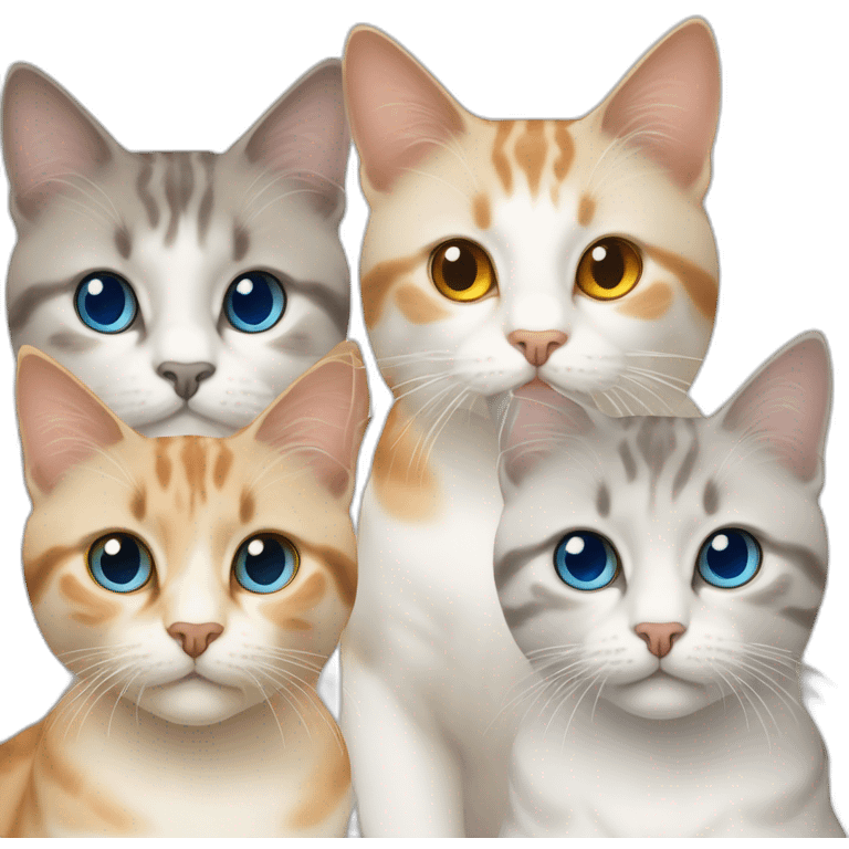 three cats sitting together, 1 lynx point cat with blue eyes, one orange and white tabby with yellow eyes, one orange with orange eyes emoji