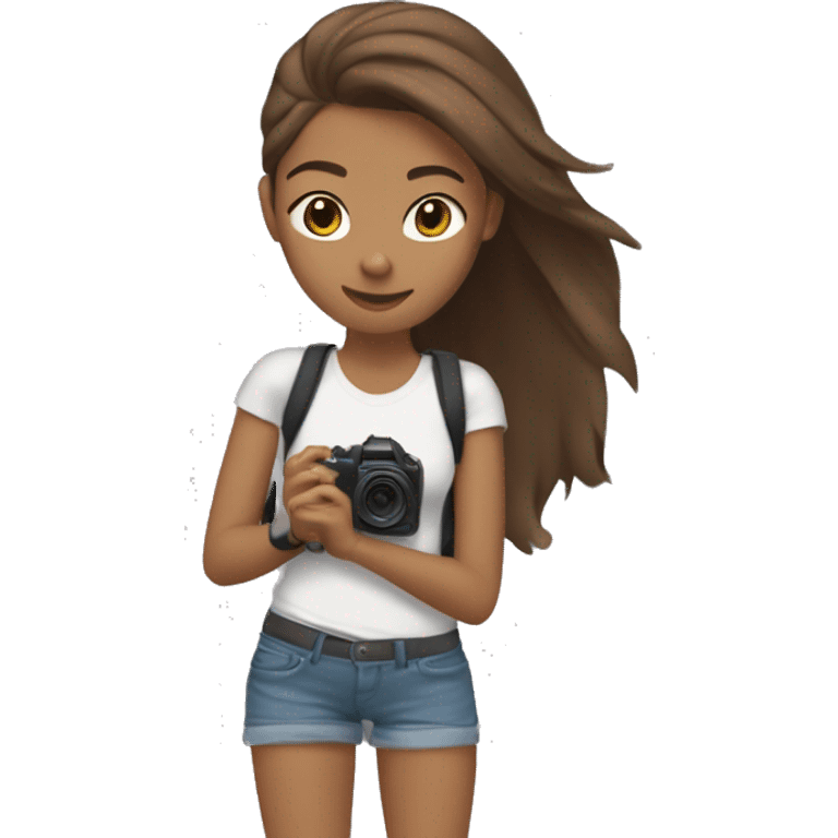 MAKE A GIRL WITH LONG BROWN HAIR AND A SLIGHTLY TANNED SKIN TONE WEARING A FAKE BAND T-SHIRT RECORDING WITH A GO PRO (FULL BODY) emoji