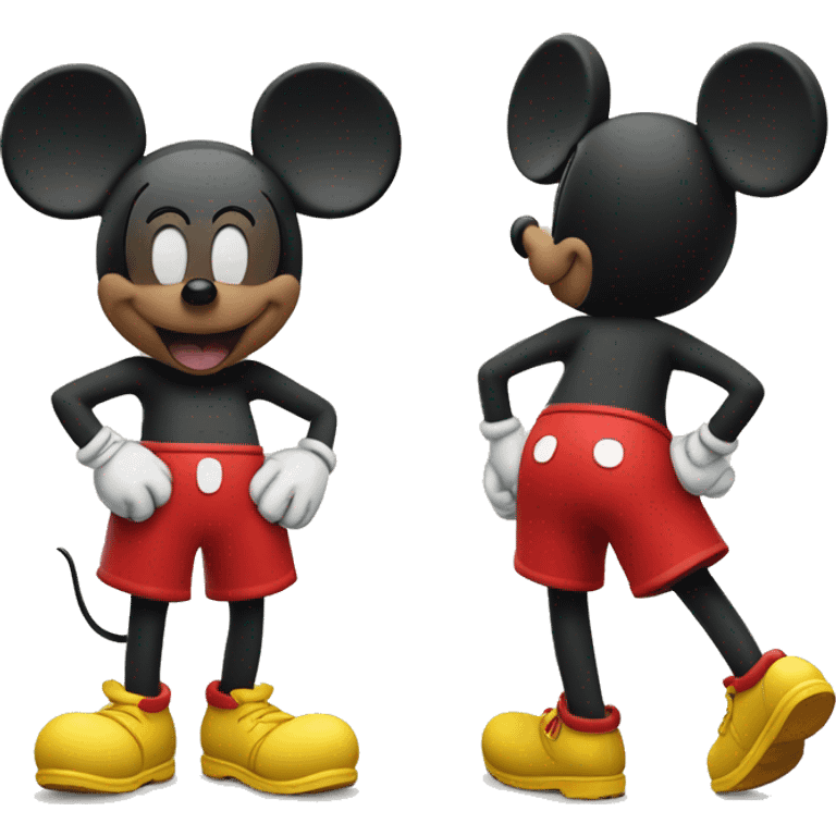 Mickey Mouse wearing red shorts and big yellow shoes, smiling happily. emoji