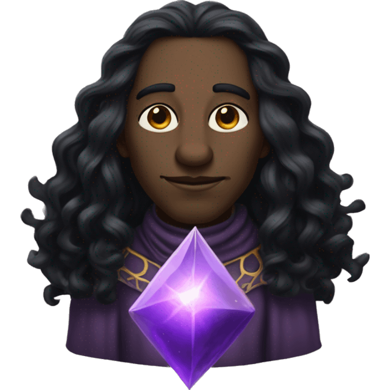  A black male high elf that is a witch fortune teller that has large, pointed ears with long black curly hair past his back emoji