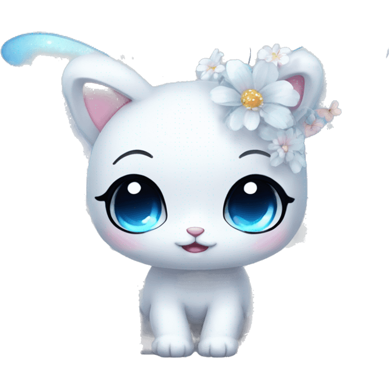 Edgy Cute Cool Kawaii gorgeous sparkly ethereal white fantasy animal with blue eyes sona with flowers and butterflies emoji