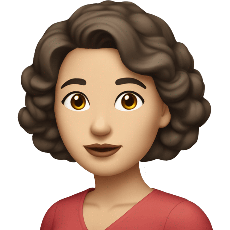 The woman has soft features, fair skin, and almond-shaped eyes. Her defined eyebrows and natural pink lips frame her face. Her dark, wavy hair is partly tied back, giving her an elegant yet relaxed look.  She wears a red V-neck dress. White skin. emoji