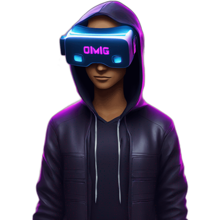 Donald Trump wearing a black hoodie with "OMG" letters on it and VR headset in a cyberpunk VR environment with violet neon lighting. emoji