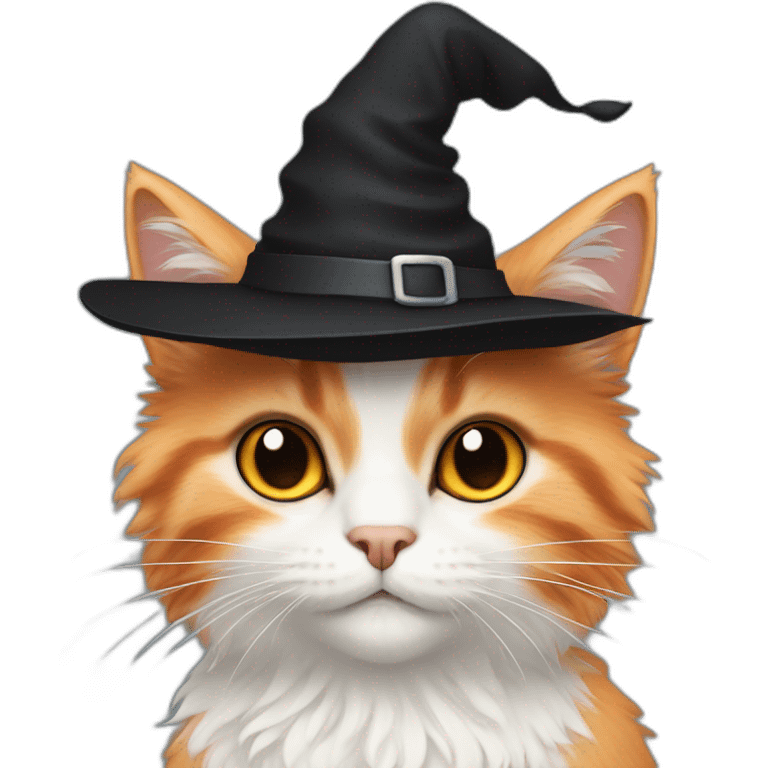 White-orange fluffy cat with black cone witch hat emoji