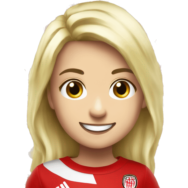 A blonde Girl smiling with a Fan Scarve of the german Soccer Club 1. fc köln  emoji