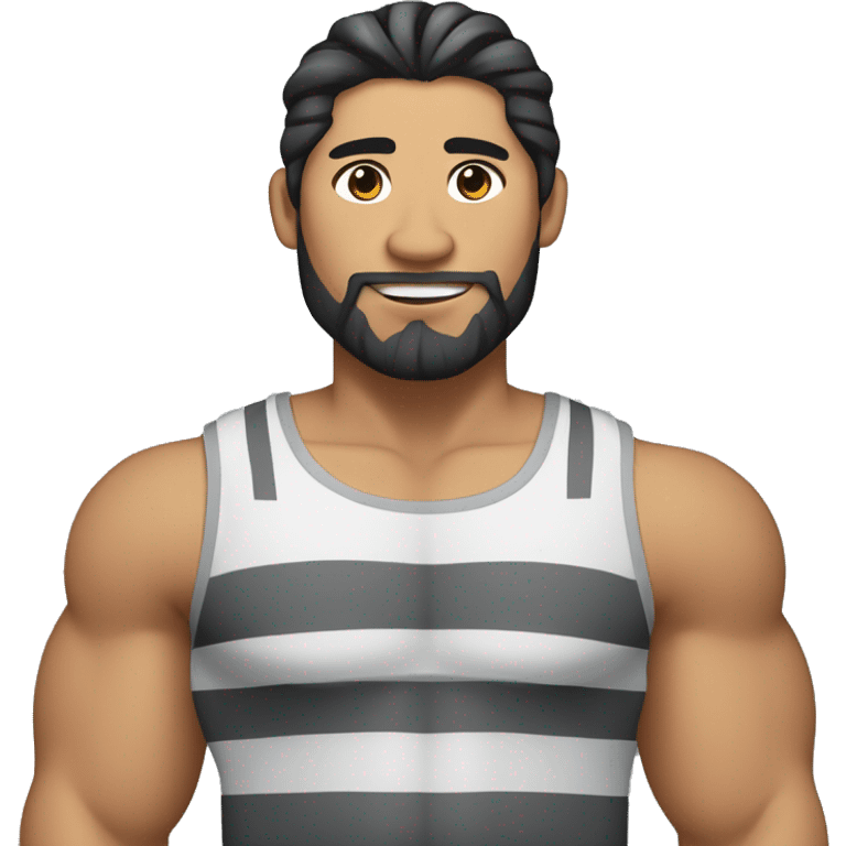  Asian Pilipino man with big muscular calves, beard and man-bun hair holding a cat that is grey and black tiger stripes  emoji