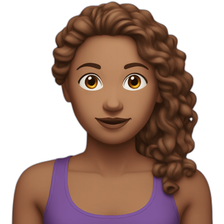 a yoga instructor with long, brown, curly hair. I'm in a yoga pose and wearing purple yoga pants and a purple tank top. emoji