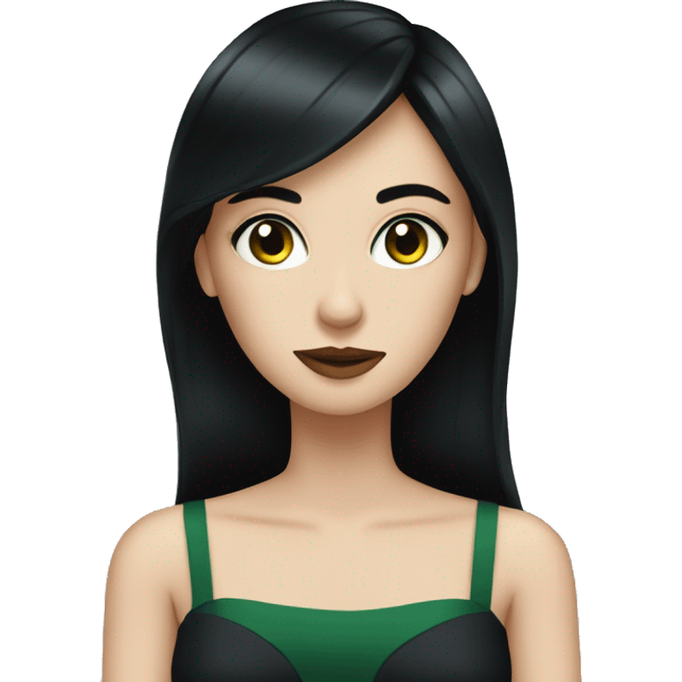 pale woman, straight black hair, wearing dark night dress, eyes are green emoji