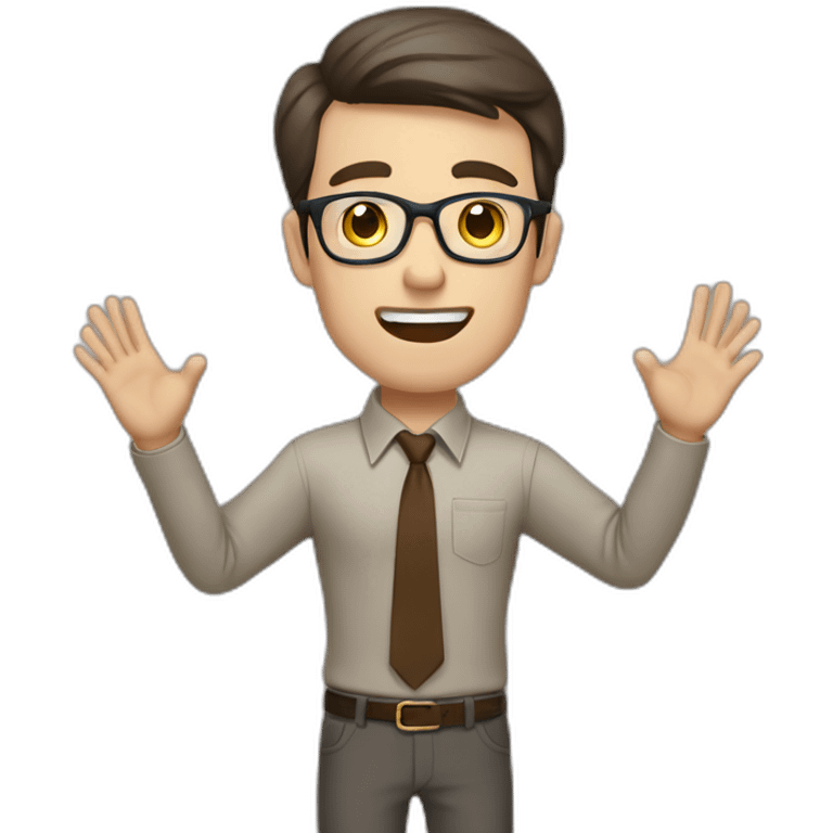 To belt Actively gesturing with hands Pale skinned fit man teacher with dark brown hair in gray jacket, beige office shirt, brown tie, brown pants and vintage glasses. emoji