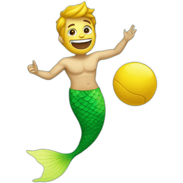 Underwater happy bold man mermaid swimming, holding a small yellow ball, winning enthousiasm emoji