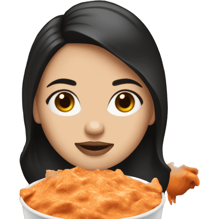 white girl with dark hair holding buffalo chicken dip  emoji