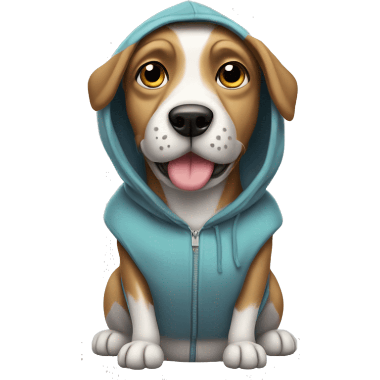 Dog wearing hoodie with Protien shake emoji