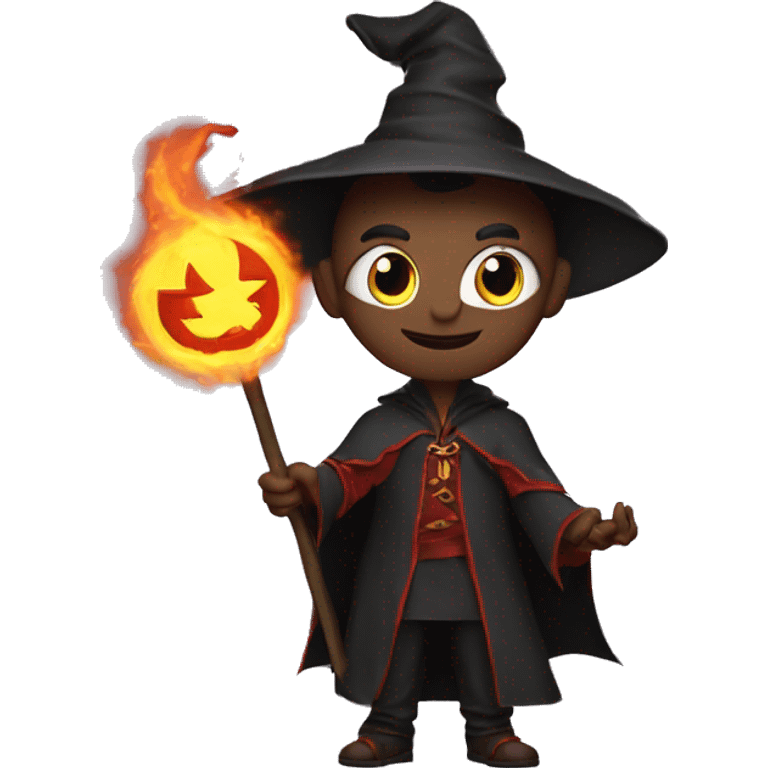 Human demonologist in a wizard costume, surrounded by a fiery halo, Halloween theme, emoji emoji